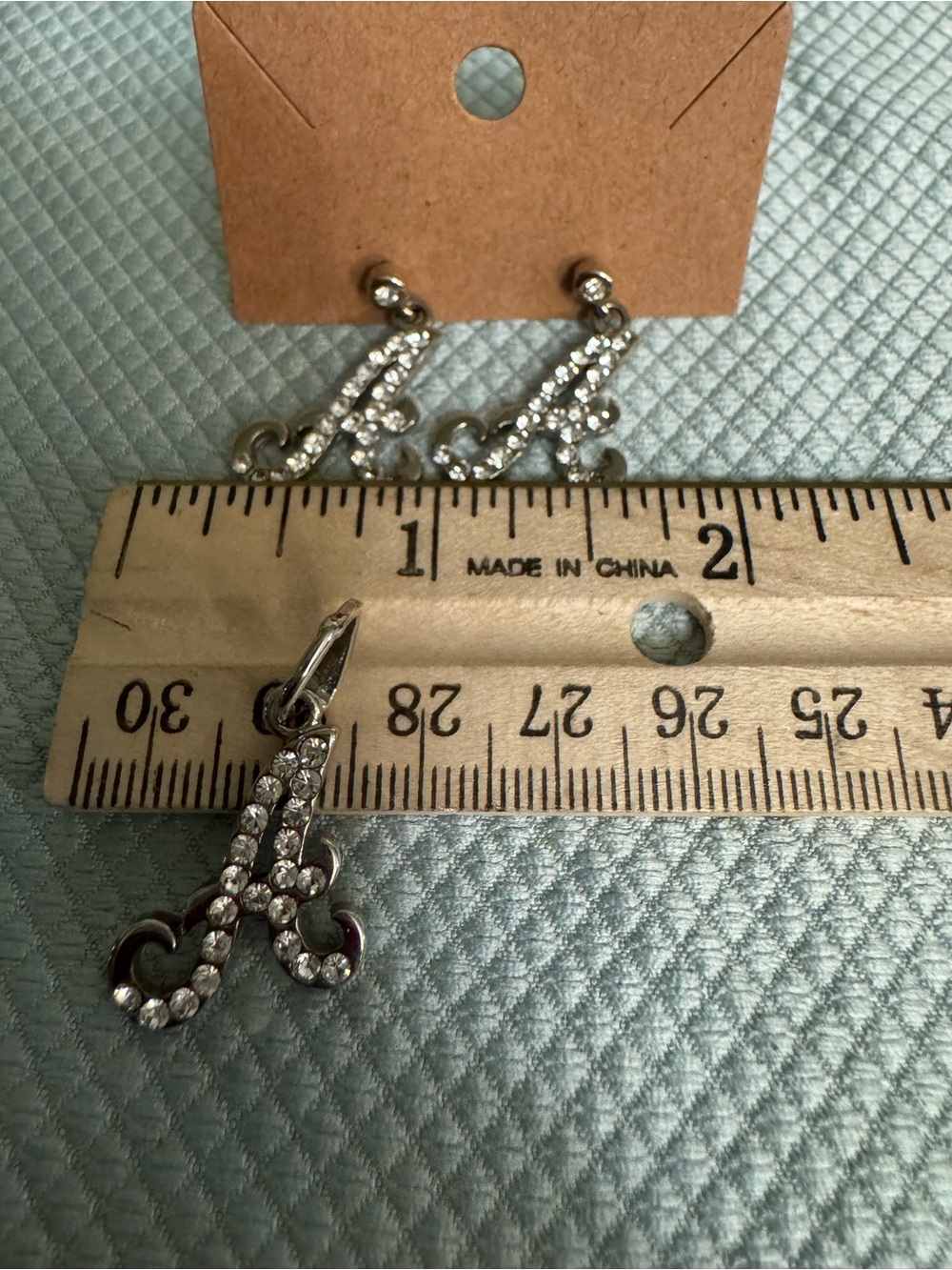 Sparkling Rhinestone 'A' Earring and Pendant Set - Silver Tone